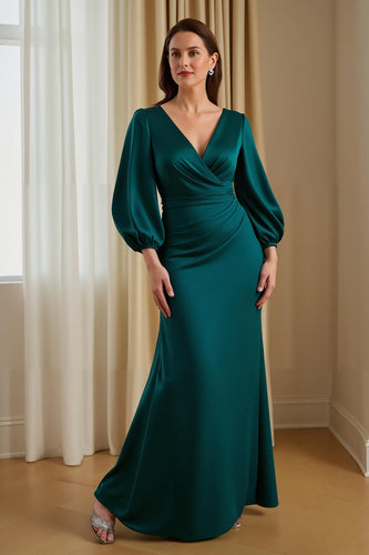 Grüne Meerjungfrau Satin V Ausschnitt langes Brautmutterkleid mit Ärmeln