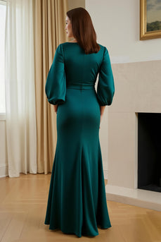 Grüne Meerjungfrau Satin V Ausschnitt langes Brautmutterkleid mit Ärmeln
