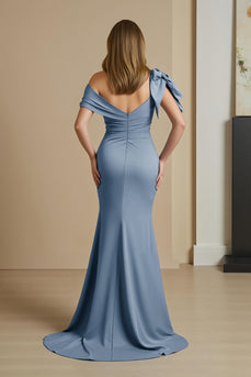 Staubblau Satin Meerjungfrau Rüschenlanges Brautmutterkleid mit Schleife