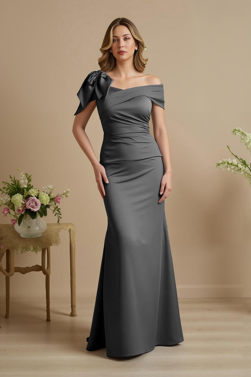 Laden Sie das Bild in den Galerie-Viewer, Staubblau Satin Meerjungfrau Rüschenlanges Brautmutterkleid mit Schleife