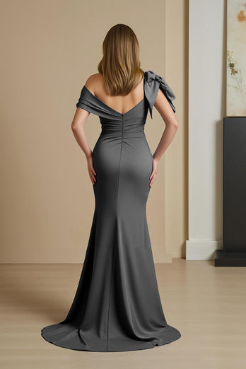 Staubblau Satin Meerjungfrau Rüschenlanges Brautmutterkleid mit Schleife