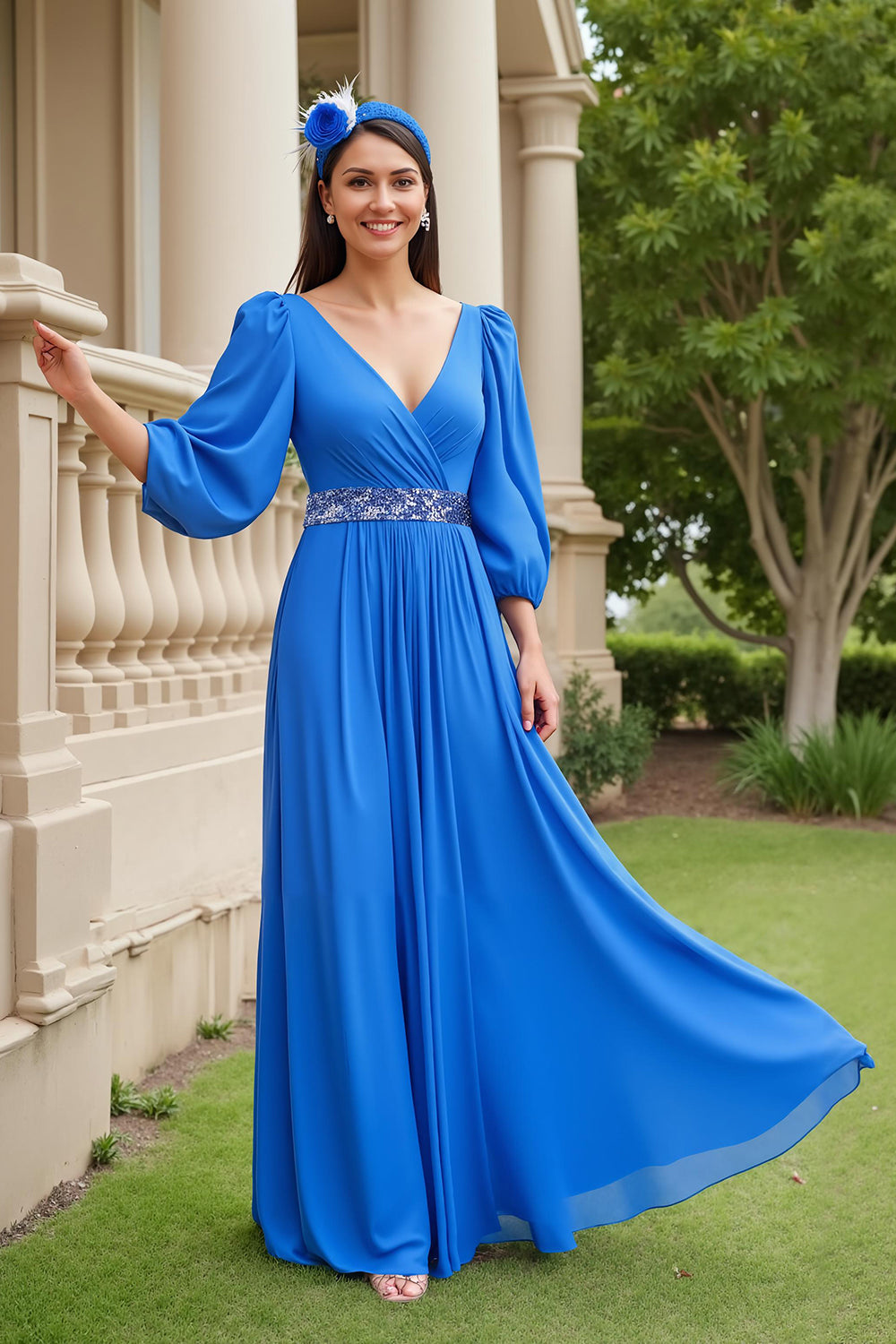 Blau A Linie Chiffon V-Ausschnitt Lange Brautmutterkleid mit Perlen