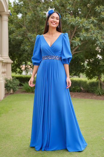 Blau A Linie Chiffon V-Ausschnitt Lange Brautmutterkleid mit Perlen