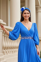 Laden Sie das Bild in den Galerie-Viewer, Blau A Linie Chiffon V-Ausschnitt Lange Brautmutterkleid mit Perlen