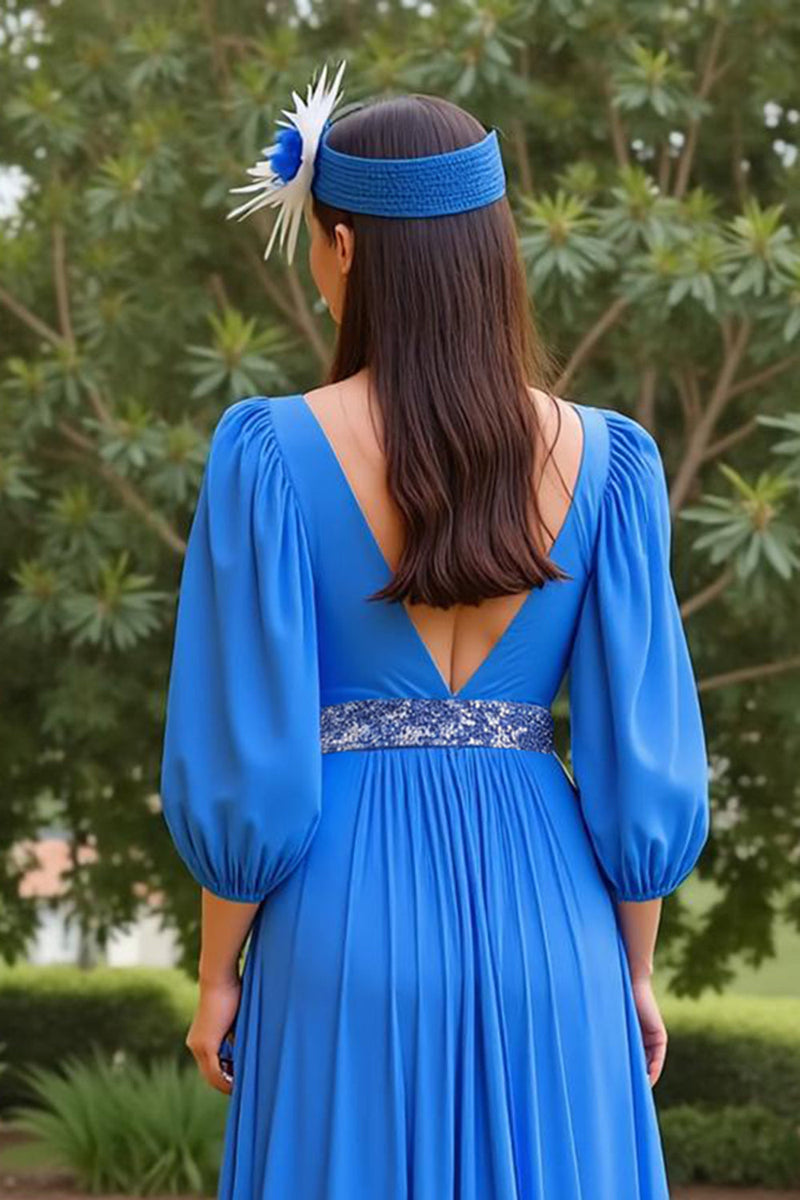 Laden Sie das Bild in den Galerie-Viewer, Blau A Linie Chiffon V-Ausschnitt Lange Brautmutterkleid mit Perlen