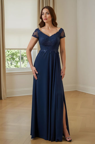 Marine Applikationen langes Brautmutterkleid mit Schlitz