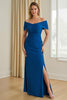 Laden Sie das Bild in den Galerie-Viewer, Blau Sheath Schulterfreie langes Brautmutterkleid mit Schlitz