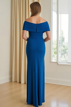 Blau Sheath Schulterfreie langes Brautmutterkleid mit Schlitz