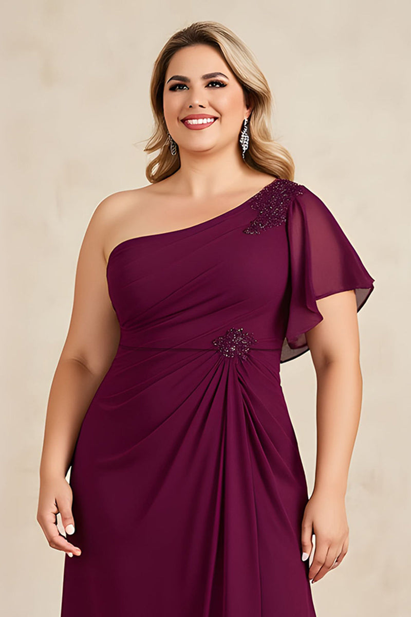 Laden Sie das Bild in den Galerie-Viewer, Bordeaux Ein Schulter Rüschenlanges Plus Size Brautmutterkleid