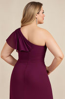 Laden Sie das Bild in den Galerie-Viewer, Bordeaux Ein Schulter Rüschenlanges Plus Size Brautmutterkleid