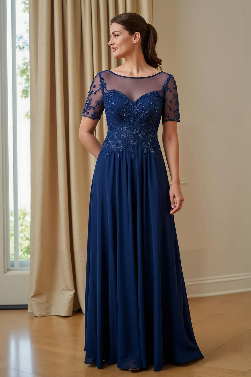 Laden Sie das Bild in den Galerie-Viewer, Marine Chiffon A Line Illusion Bootneck langes Brautmutterkleid mit Ärmeln