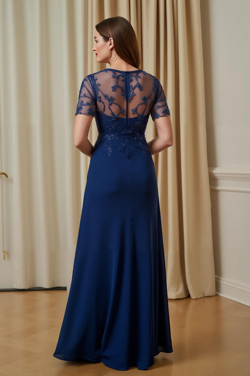Laden Sie das Bild in den Galerie-Viewer, Marine Chiffon A Line Illusion Bootneck langes Brautmutterkleid mit Ärmeln