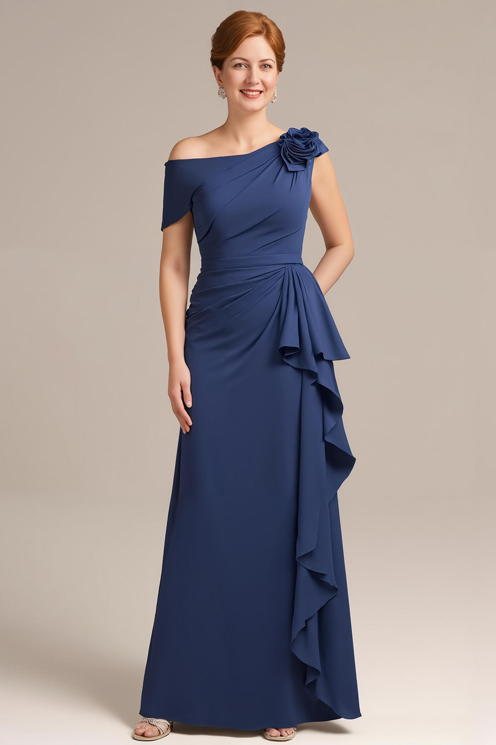 Marine Sheath Rüschenlanges Brautmutterkleid mit 3D Blume