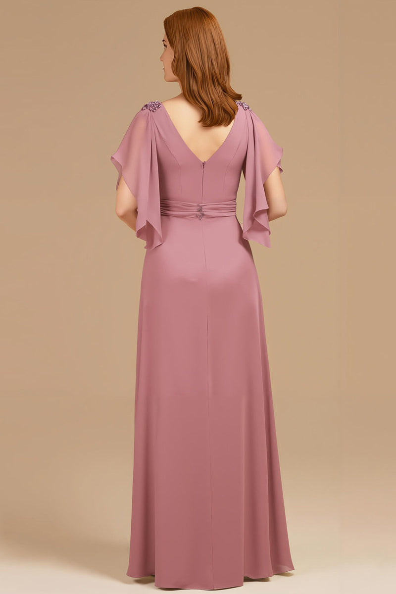 Laden Sie das Bild in den Galerie-Viewer, Traube V Ausschnitt Applikationen langes Brautmutterkleid mit Rüschen