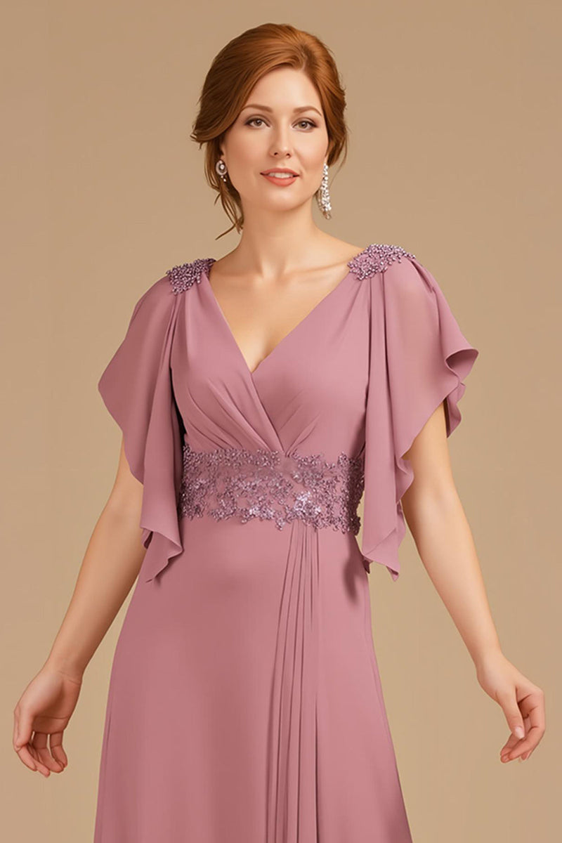 Laden Sie das Bild in den Galerie-Viewer, Traube V Ausschnitt Applikationen langes Brautmutterkleid mit Rüschen