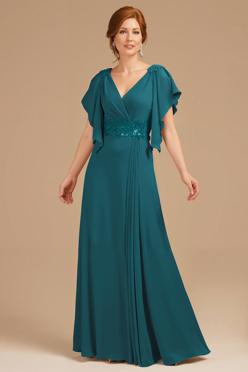 Laden Sie das Bild in den Galerie-Viewer, Traube V Ausschnitt Applikationen langes Brautmutterkleid mit Rüschen