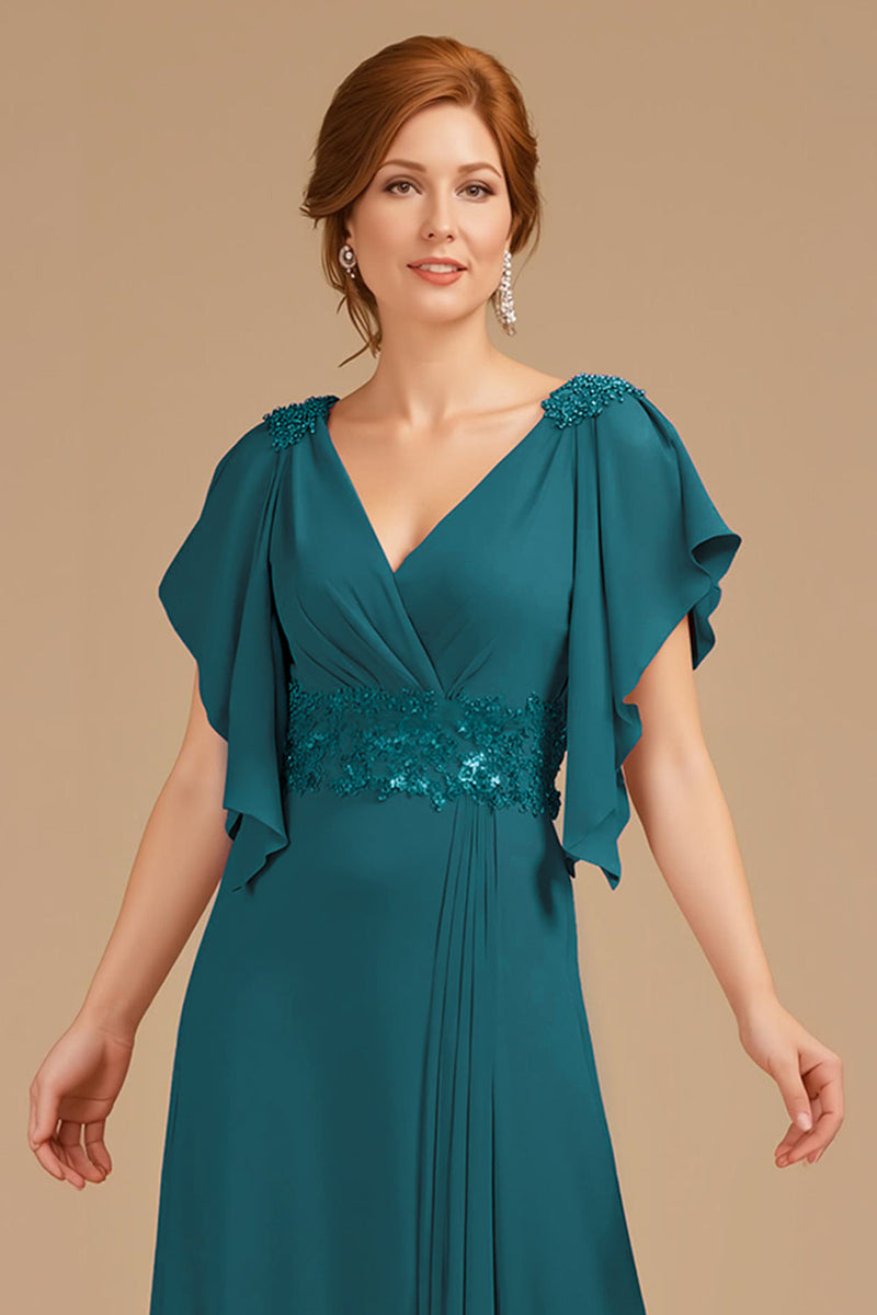 Laden Sie das Bild in den Galerie-Viewer, Traube V Ausschnitt Applikationen langes Brautmutterkleid mit Rüschen