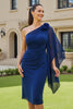 Laden Sie das Bild in den Galerie-Viewer, Marine Bodycon Ein Schulter Midi Brautmutterkleid mit Ärmeln