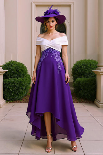 Lila A Linie Chiffon Schulterfreies Asymmetrical Brautmutterkleid mit Applikationen