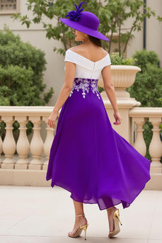 Lila A Linie Chiffon Schulterfreies Asymmetrical Brautmutterkleid mit Applikationen