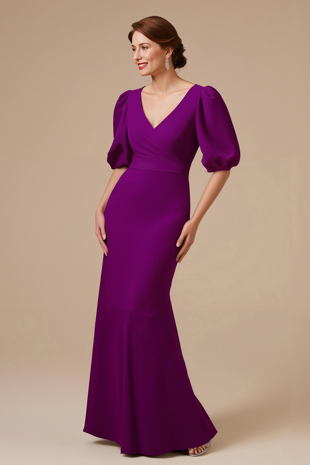 Traube Satin Meerjungfrau V Ausschnitt langes Brautmutterkleid mit Ärmeln