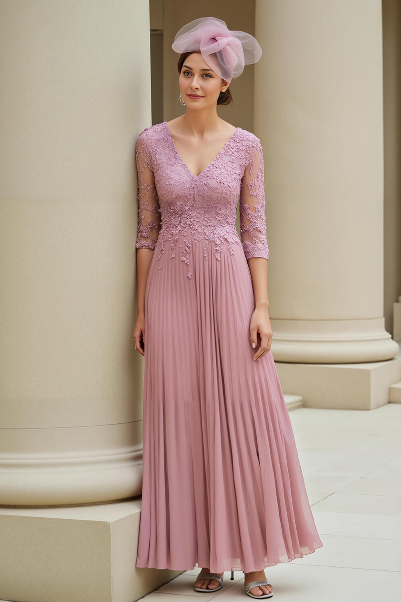 Laden Sie das Bild in den Galerie-Viewer, Altrosa A Line Applikationen V Ausschnitt langes Brautmutterkleid mit Ärmeln
