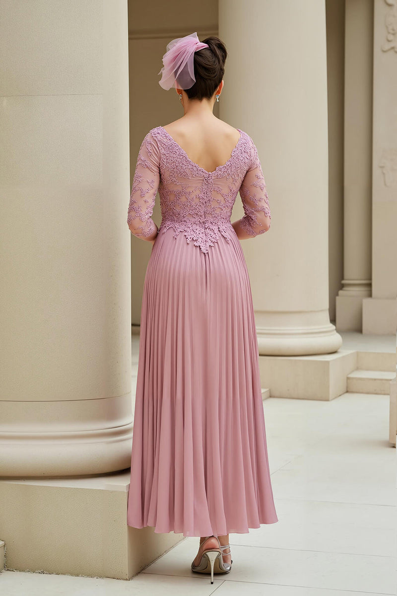 Laden Sie das Bild in den Galerie-Viewer, Altrosa A Line Applikationen V Ausschnitt langes Brautmutterkleid mit Ärmeln