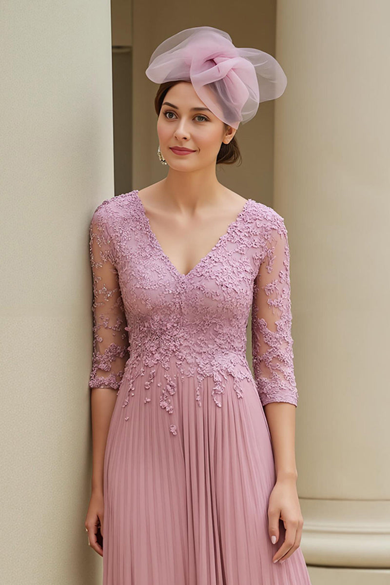 Laden Sie das Bild in den Galerie-Viewer, Altrosa A Line Applikationen V Ausschnitt langes Brautmutterkleid mit Ärmeln