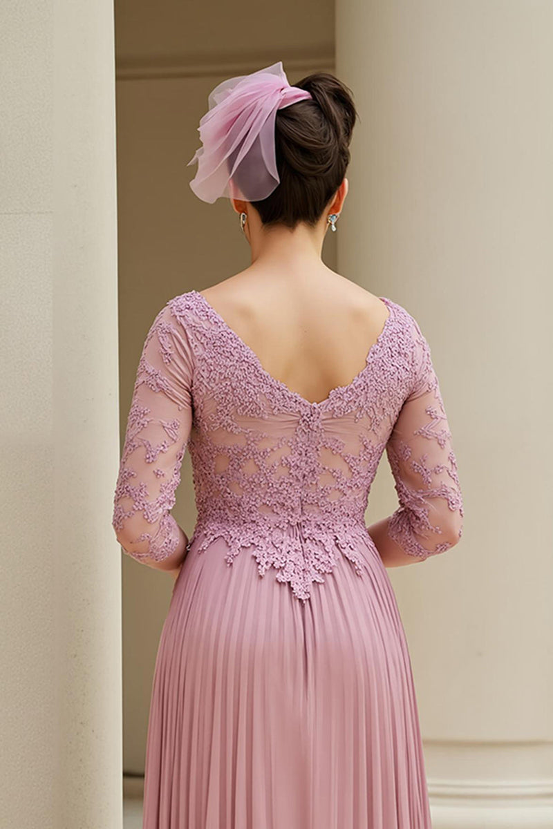 Laden Sie das Bild in den Galerie-Viewer, Altrosa A Line Applikationen V Ausschnitt langes Brautmutterkleid mit Ärmeln