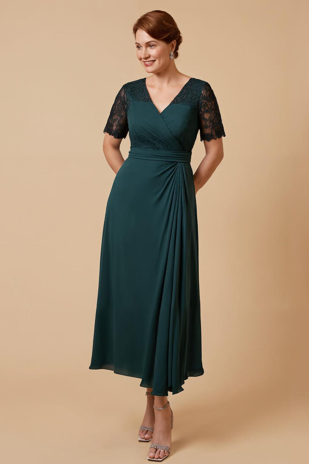Grüne Chiffon V Ausschnitt langes Brautmutterkleid mit Ärmeln