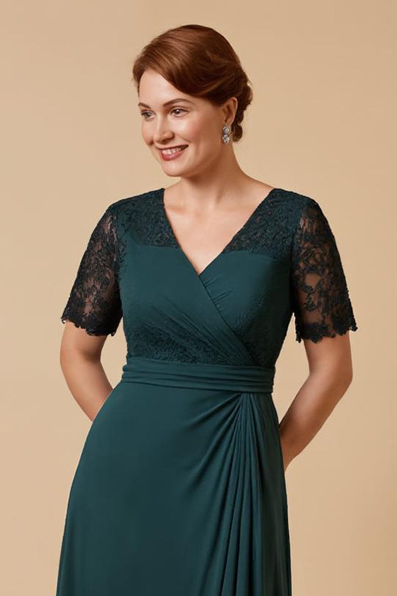 Laden Sie das Bild in den Galerie-Viewer, Grüne Chiffon V Ausschnitt langes Brautmutterkleid mit Ärmeln