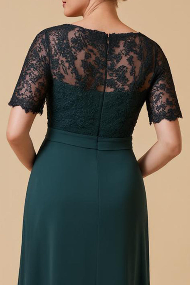 Laden Sie das Bild in den Galerie-Viewer, Grüne Chiffon V Ausschnitt langes Brautmutterkleid mit Ärmeln