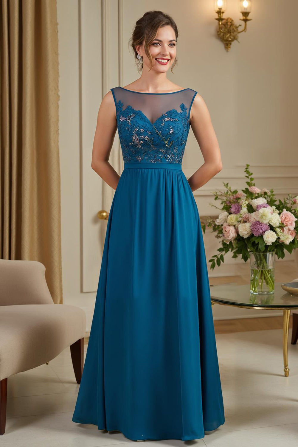 Pfauenblau A Line langes Brautmutterkleid mit Applikationen