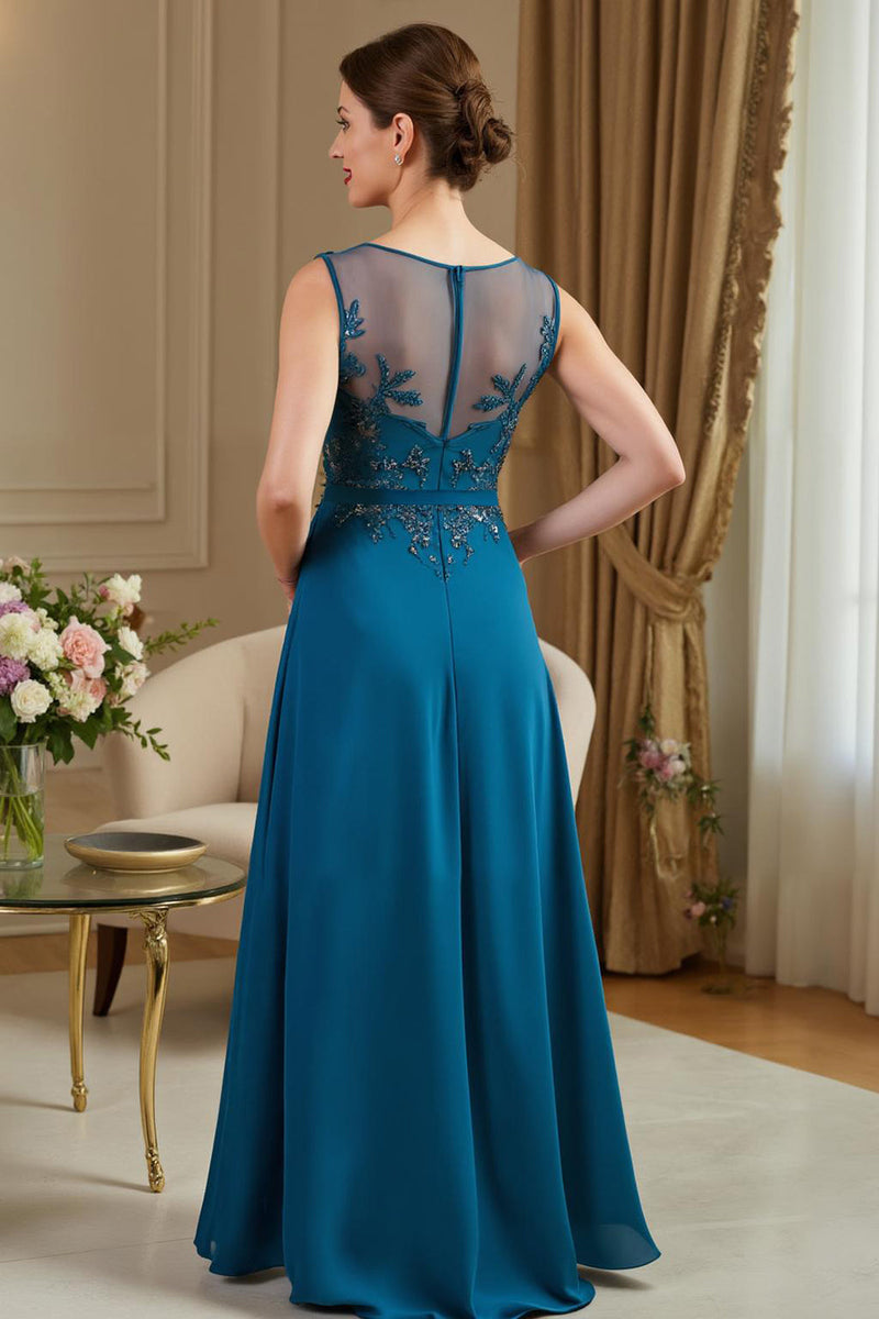 Laden Sie das Bild in den Galerie-Viewer, Pfauenblau A Line langes Brautmutterkleid mit Applikationen