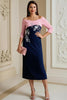 Laden Sie das Bild in den Galerie-Viewer, Marine Satin Bodycon Midi Brautmutterkleid mit Applikationen