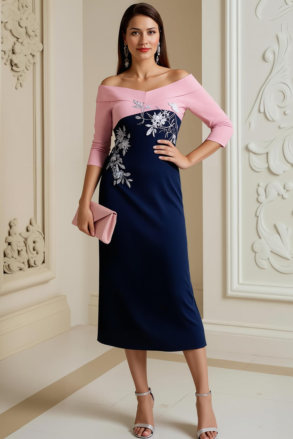 Marine Satin Bodycon Midi Brautmutterkleid mit Applikationen