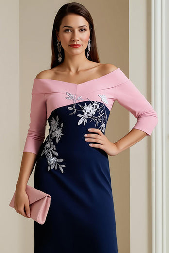 Marine Satin Bodycon Midi Brautmutterkleid mit Applikationen