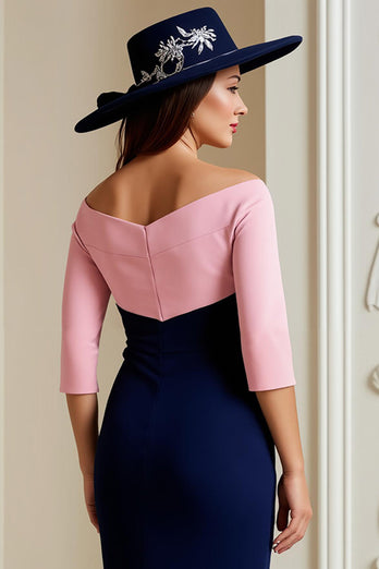 Marine Satin Bodycon Midi Brautmutterkleid mit Applikationen
