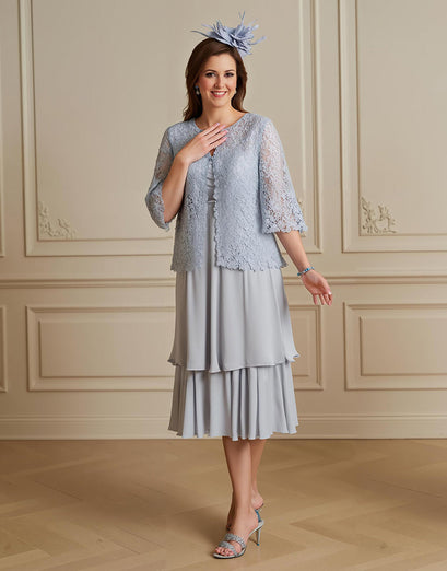 Silber 2 Teiliges Midi Brautmutterkleid mit Ärmeln