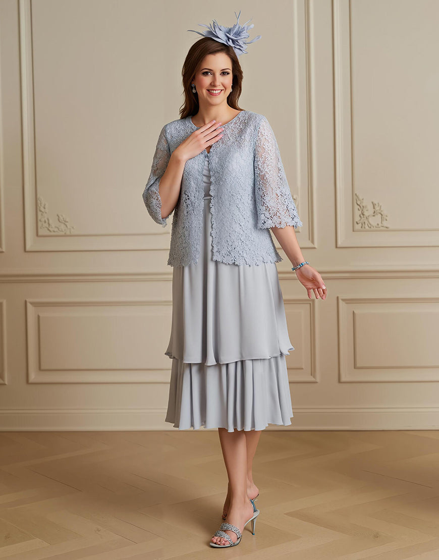 Silber 2 Teiliges Midi Brautmutterkleid mit Ärmeln