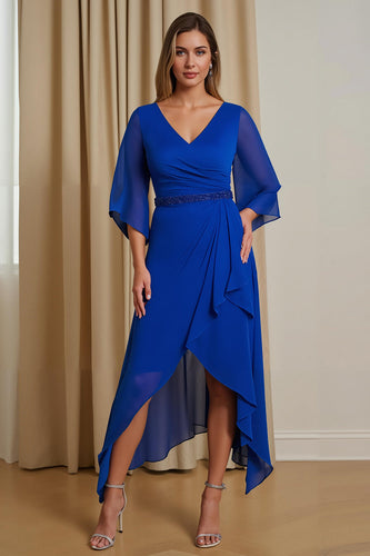 Königsblau A Linie V Ausschnitt Asymmetrisches Brautmutterkleid mit Ärmeln