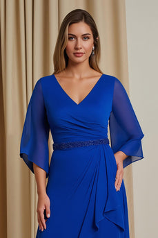 Königsblau A Linie V Ausschnitt Asymmetrisches Brautmutterkleid mit Ärmeln