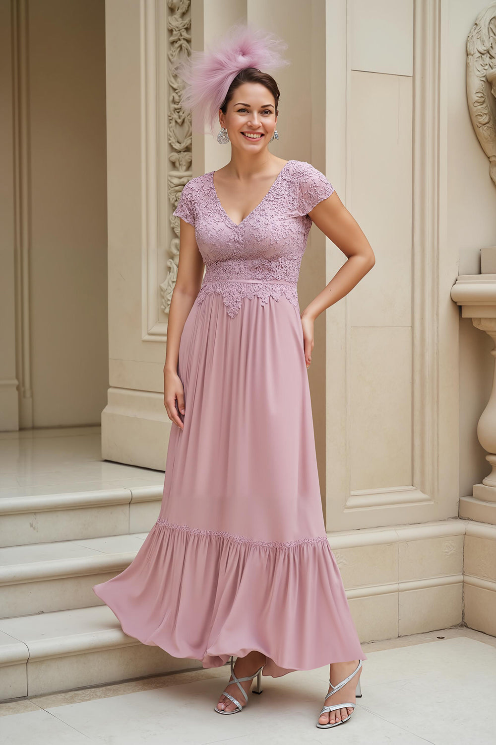 Altrosa Chiffon V Ausschnitt langes Brautmutterkleid mit Spitze