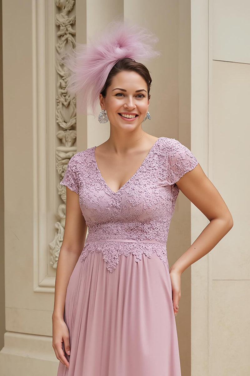 Laden Sie das Bild in den Galerie-Viewer, Altrosa Chiffon V Ausschnitt langes Brautmutterkleid mit Spitze