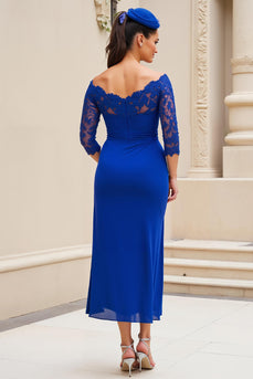 Königsblau Rüschen Midi Brautmutterkleid mit Ärmeln