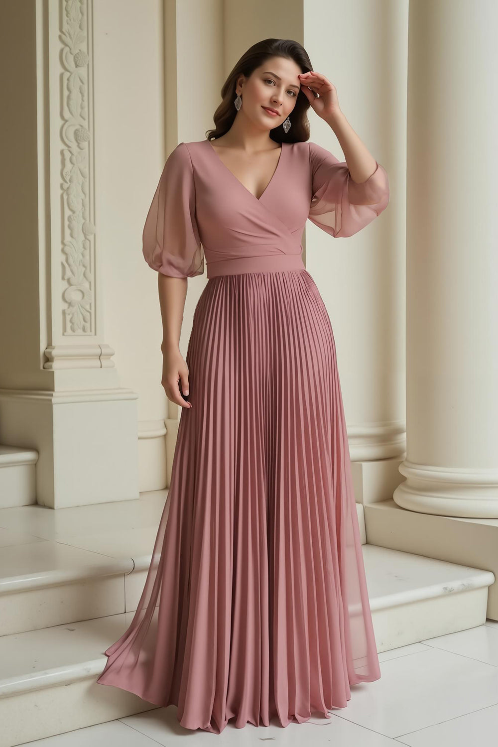 Altrosa Chiffon Plissee langes Brautmutterkleid mit Ärmeln