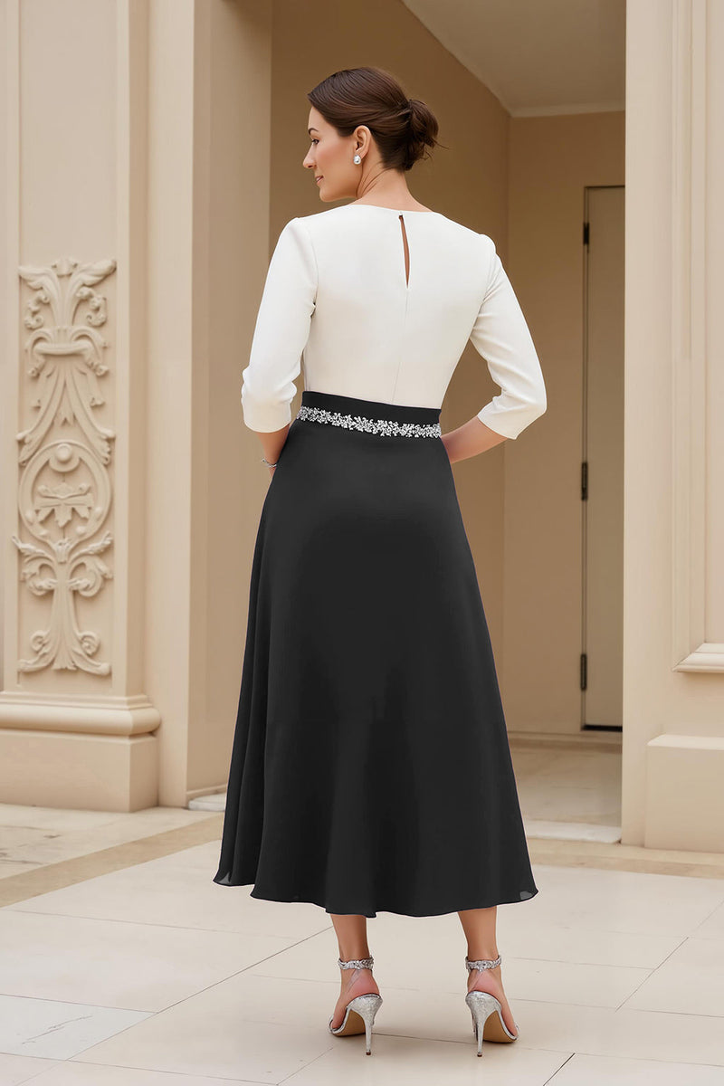 Laden Sie das Bild in den Galerie-Viewer, Schwarz A Linie Chiffon U-Boot Ausschnitt Midi Brautmutterkleid mit Ärmel