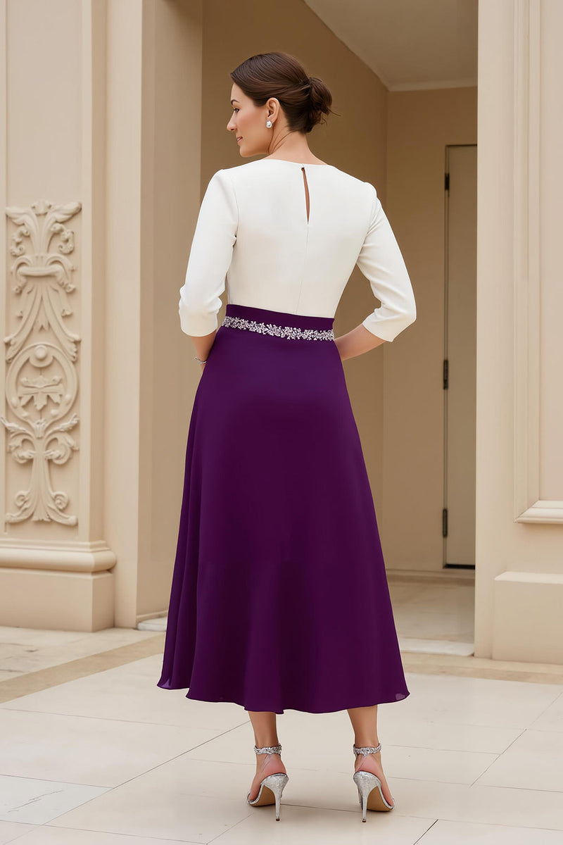 Laden Sie das Bild in den Galerie-Viewer, Schwarz A Linie Chiffon U-Boot Ausschnitt Midi Brautmutterkleid mit Ärmel