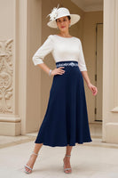 Laden Sie das Bild in den Galerie-Viewer, Schwarz A Linie Chiffon U-Boot Ausschnitt Midi Brautmutterkleid mit Ärmel