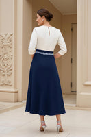 Laden Sie das Bild in den Galerie-Viewer, Schwarz A Linie Chiffon U-Boot Ausschnitt Midi Brautmutterkleid mit Ärmel